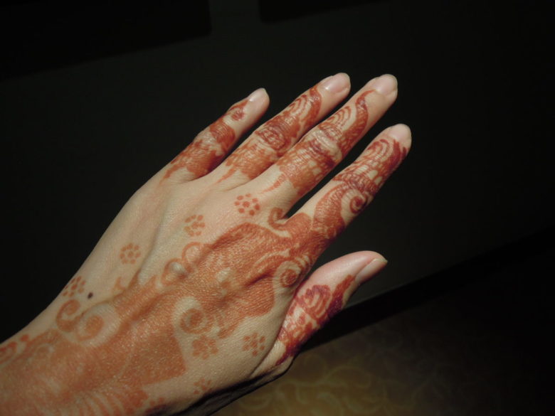 インドでヘナタトゥーをしてもらった後の模様が描かれた手の写真